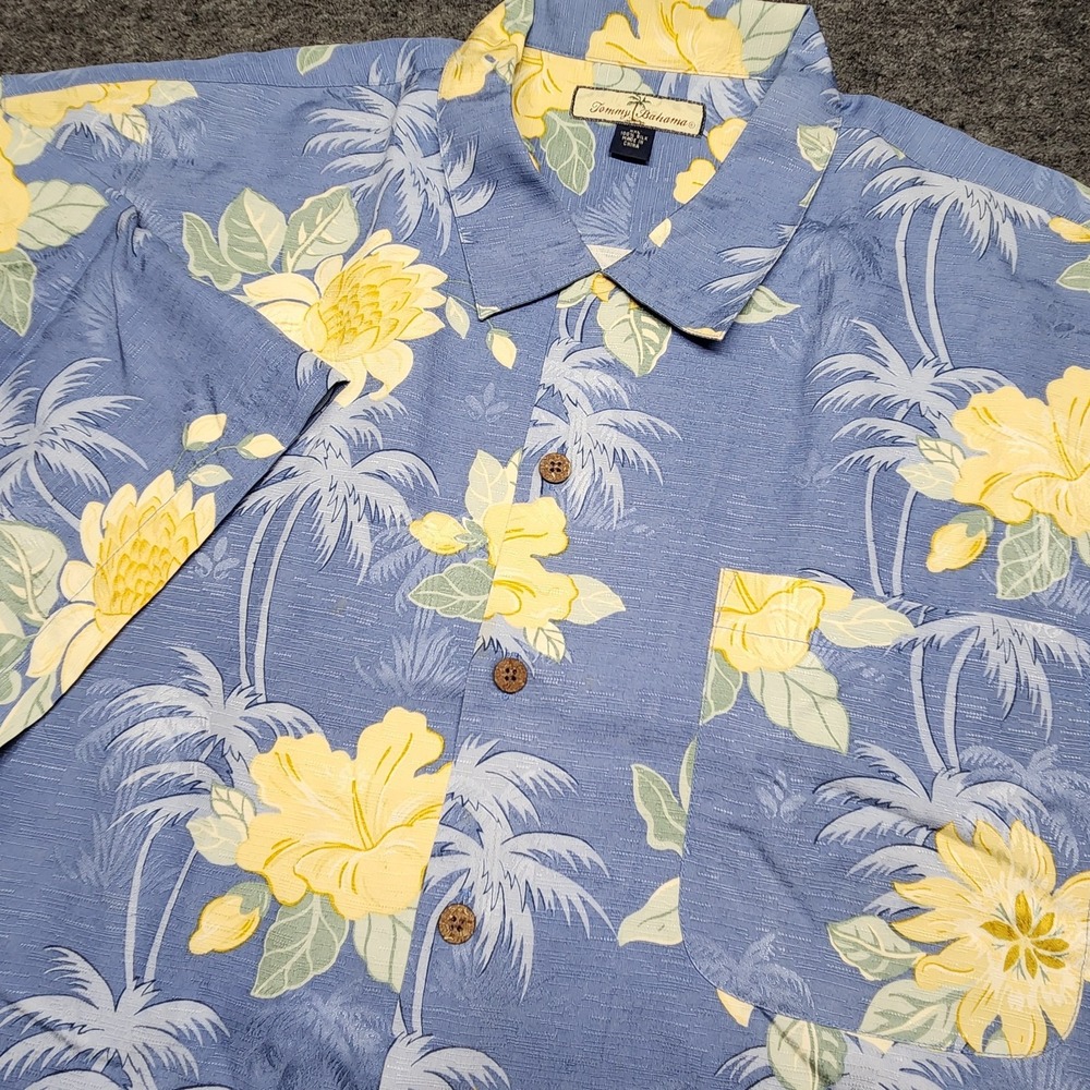 Tommy Bahama Mens Silk Short Sleeve Blue Floral Hawaiian Button Down Shirt XXL